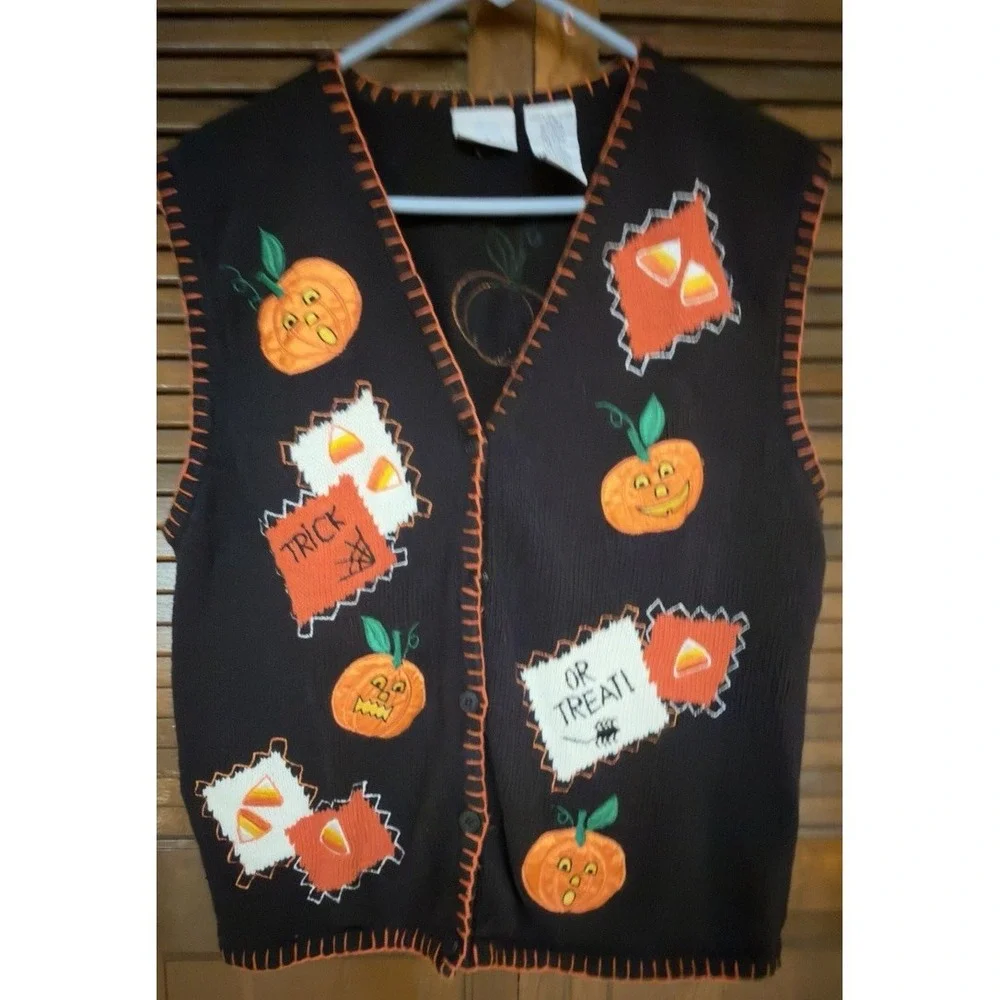 Vintage Bobbie Brooks Halloween Sweater Vest XL 16/18 Pumpkin Candy Corn 90s